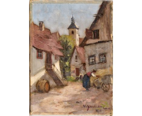1850 Gaimersheim - 1925 Baden-Baden. Öl/Lw. In der Dorfgasse. Sonniger Dorfplatz mit junger Magd und  heubeladenem Karren. Im