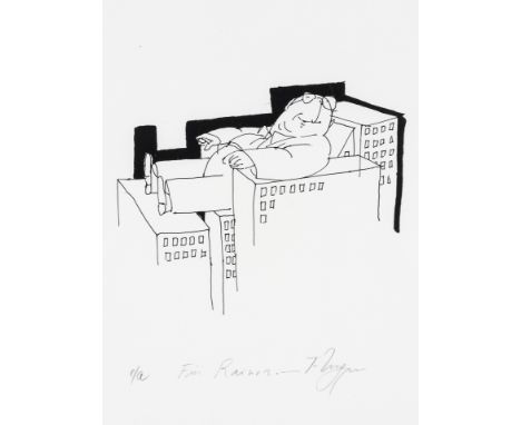 1931 Straßburg - 2019 Cork/Irland.  Lithogr. Karikatur. Im Sessel sitzender Mann auf Wolkenkratzern.  U.m. mit Bleistift sign