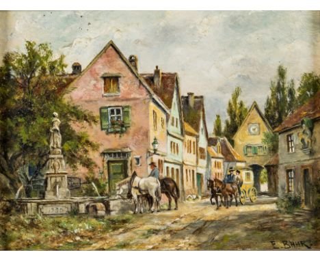 Münchner Genremaler, um 1900.  Öl/Holz. Postkutsche und ausgespannte Pferde am Madonnenbrunnen in Iphofen, Unterfranken. U.r.