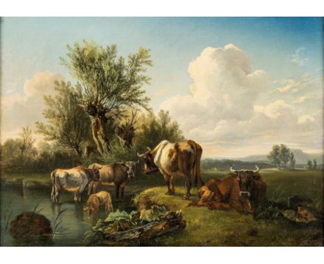 1818 Wien - 1868 wohl Eisenstadt.  Öl/Lw. In weiter, sommerlicher, baumbestandener Landschaft Kühe  an der Furt. U.r. sign. (