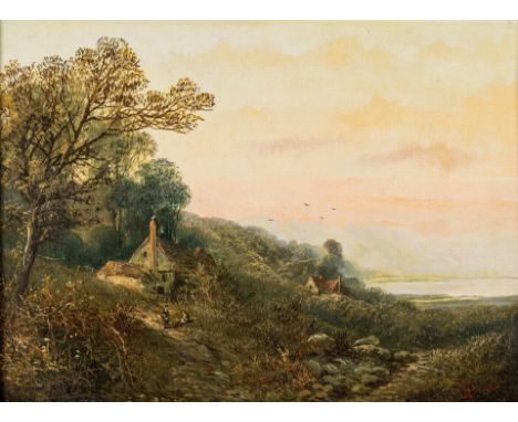 1842-1913. Englischer Landschafter. Öl/Lw. Weite Seenlandschaft in der Morgendämmerung mit verstreut  liegenden Bauernkaten a