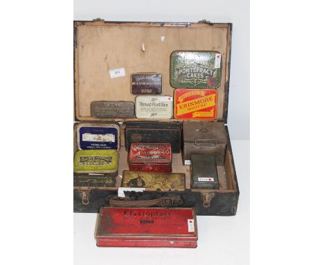Vintage wooden box and job lot of tins 