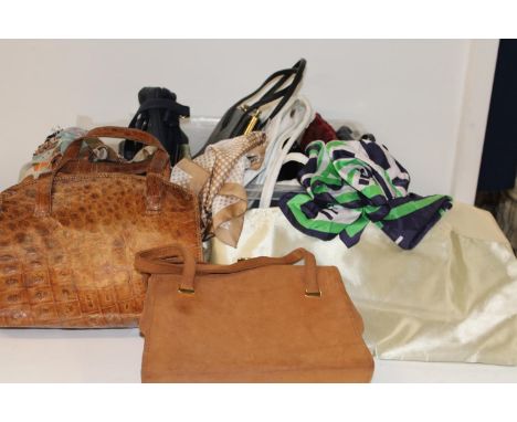 A job lot of vintage handbags and scarfs 