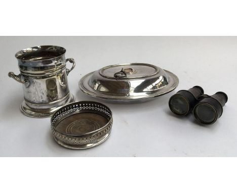 Three plated items: wine coaster, wine cooler, and lidded entree dish; together with a vintage pair of binoculars 