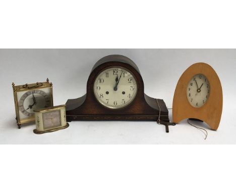 An oak cased dome mantel clock, with key; together with an Oris clock and two others 