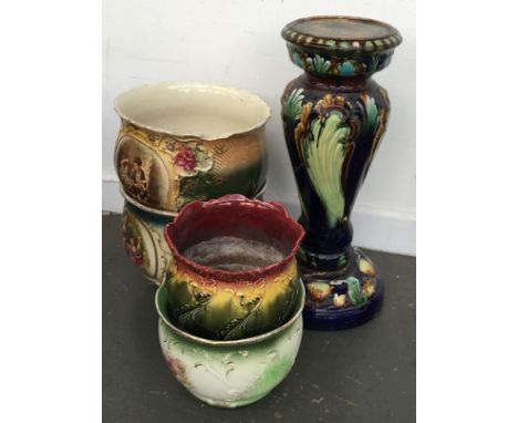 Four ceramic planters, one marked Preston, together with a stand 