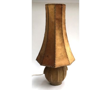 A floor standing ceramic 'gourd' lamp, with tall leather shade, 84cmH 