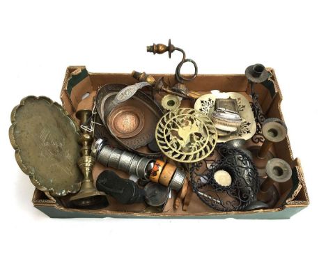 A mixed box of brass and copper items, to include several candlesticks, trays, trivets, brass wall sconce, binoculars, severa