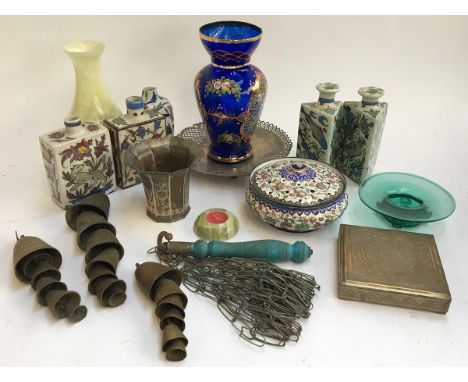 A mixed lot of Persian and other items, to include an enamelled incense holder, various bells, ceramic bottle vases, chased m