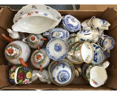 A mixed box of ceramics to include a Japanese part tea set; Limoges trinket box; blue and white continental ceramics; encrust