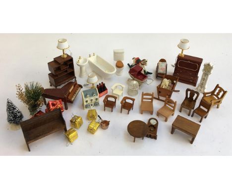 A small quantity of dolls house furniture, to include ceramic bathroom suite, bureau, grand piano, grandfather clock, various