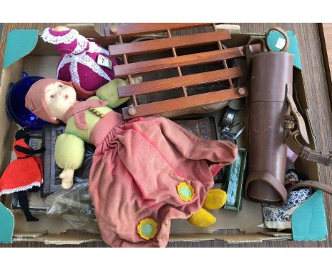 A mixed lot of items to include soft doll; telescope in leather case; two silver napkin rings; carved oak book rack; vintage 