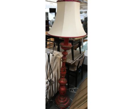 A red painted and gilt Oriental turned standard lamp, with shade 178cmH 