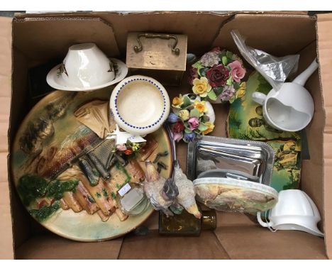 A gilt metal carriage clock; Poole pottery bowl; several teawares; studio pottery; ceramic Addersley encrusted ceramics etc 