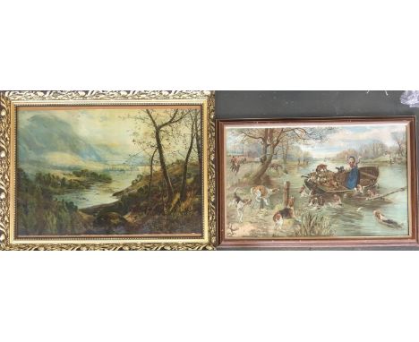 A print of an old woman in a boat, 41x68; together with a framed print on canvas of landscape scene (2) 
