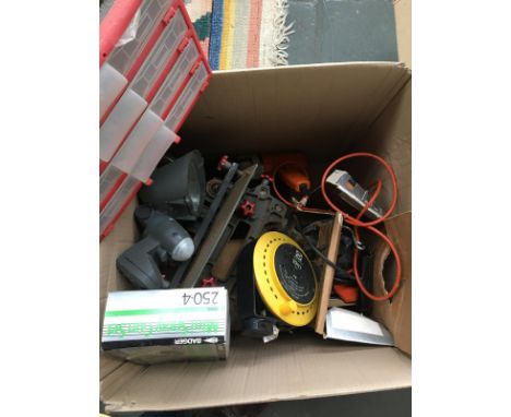 A large mixed box of tools to include a Black &amp; Decker sander, Black &amp; Decker drill; plastic bolt organiser; Badger m