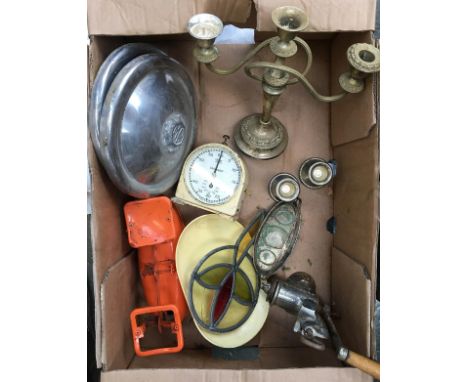 A mixed lot to include Vintage scales; several MG hub caps; candle sticks; a Smith's vintage timer; meat grinder; stained gla