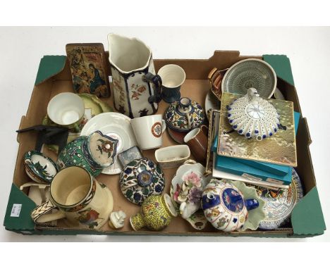 A mixed box of ceramics to include various tiles including Joe Wilson, Wedgwood jug, Carltonware, Rye pottery, Minton etc 