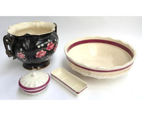 A ceramic twin handled planter, together with washbowl, soap bowl, and dish 