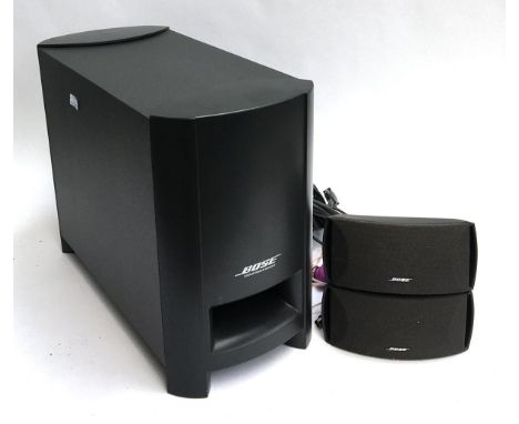 A Bose PS3-2-1 powered speaker system, comprising large subwoofer and two small speakers 