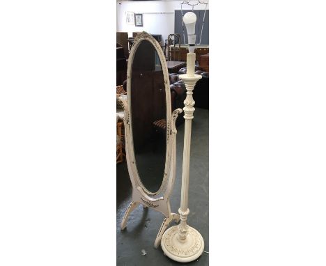 A 1960s white painted oval cheval mirror, 149cmH; together with matching standard lamp 