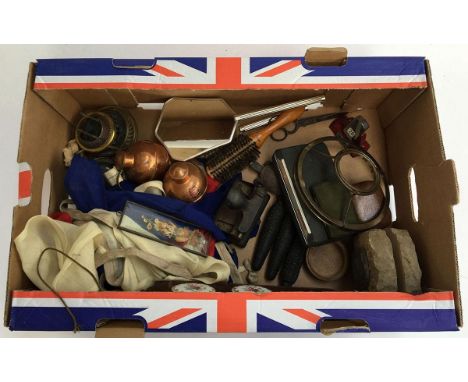A mixed lot of interesting things to include desk calendar, clock, vintage shaver, various oil lamp fittings, copper bottles,