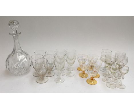 A mixed lot of glassware to include several sets of port and sherry glasses; together with a decanter 