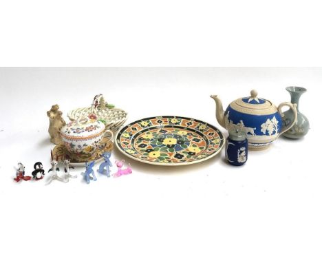 A mixed lot to include a Copeland Spode Jasperware teapot, an Adam's of Tunstall jasperware pepper pot, a Royal Doulton plate