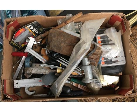 A mixed to include screwdrivers, chisels, hand drill, fret saw, copper pipe cutter etc 