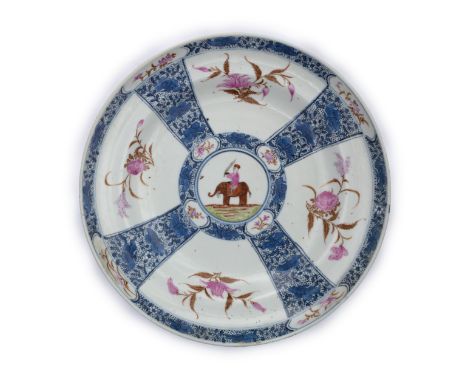 A rare Chinese export famille rose 'elephant and mahout' dish for the Indian marketQing dynasty, 18th centuryPainted to the c