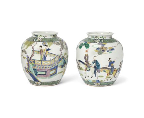 A pair of Chinese famille verte oviform jarsQing dynasty, 19th century, apocryphal Kangxi six-character marksEach enamelled i