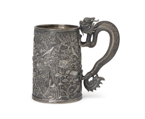 A Chinese silver tankard with dragon handle, by Huang Qiu JiQing dynasty, 19th century, 'Qiu Ji' impressed markThe tapering c