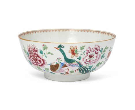 A Chinese famille rose punch bowlQing dynasty, Qianlong periodPainted with long-tailed birds among peonies, the interior with
