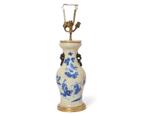 A Chinese blue and white twin-handled vaseQing dynasty, 19th centuryPainted with ladies and a boy in a garden, now mounted as