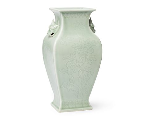 A Chinese carved celadon-glazed rectangular-section 'flowers of the four seasons' baluster vase Late Qing dynasty, 19th/20th 