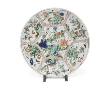 A Chinese famille verte 'pheasant and flower' chargerQing dynasty, Kangxi periodPainted to the interior within a hexagonal pa