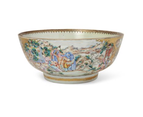 A massive Chinese export famille rose and gilt punch bowlQing dynasty, Qianlong periodEnamelled and gilt with delicate court 