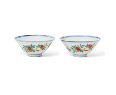 A pair of Chinese doucai teabowlsRepublic period, apocryphal Yongzheng six-character marksEach of conical shape painted below