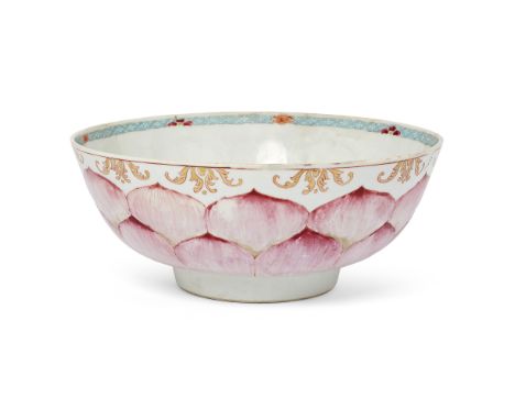 A Chinese famille rose moulded 'lotus' punch bowlQing dynasty, Qianlong periodThe sides moulded and enamelled with lotus lapp