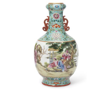 A Chinese famille rose garlic mouth vaseRepublic period, apocryphal  four-character Qianlong markStanding on a splayed foot, 