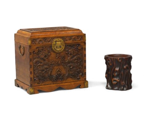 A Chinese huali brushpot and travel chest, guanpixiang,Late Qing Dynasty,the brush pot carved to simulate a tree trunk, 17cm 