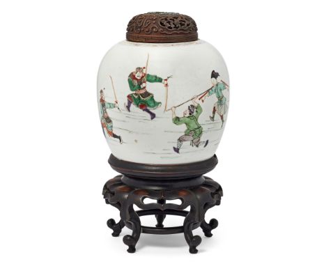 A Chinese famille verte 'warriors' jarQing dynasty, 18th centuryEnamelled with soldiers fighting, underglaze double-circle ma