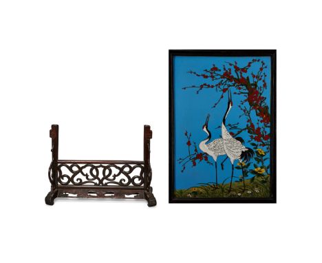 A Chinese wood stand and a Japanese cloisonné enamel screenEarly 20th centuryThe stand with ruyi feet, inset with a rectangul