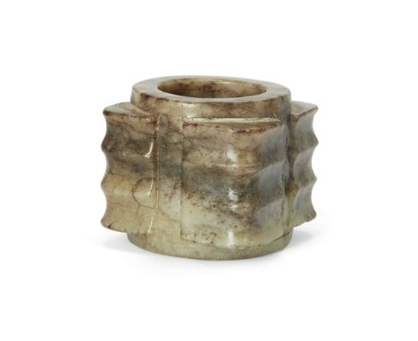 A Chinese miniature jade congMing Dynasty, 17th centurythe thick-walled cong of cylindrical square section, carved to each co