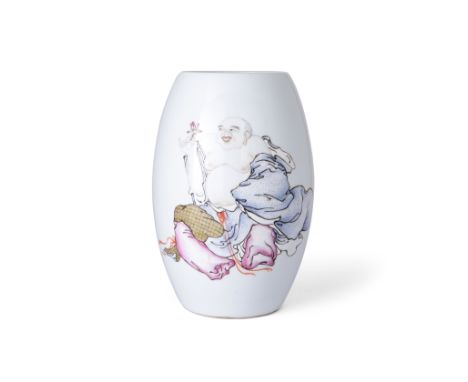 A Chinese famille rose 'Budai' vase20th century, Jiangxi Ciye Gongsi markPainted in famille rose enamels with a seated figure