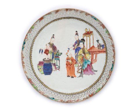 A Chinese famille rose 'ladies and boys' dish with reticulated rimQing dynasty, 18th century Raised on a short tapered foot, 
