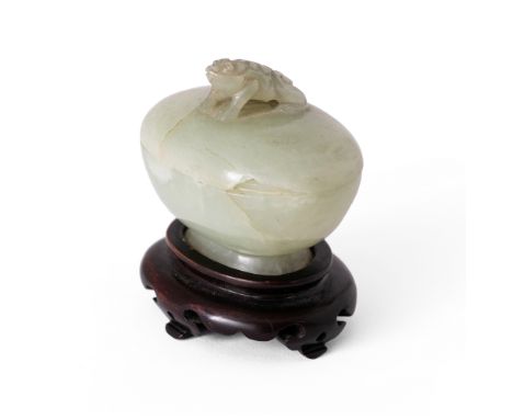 A pale green jade carved 'toad' box and coverLate Qing DynastyOf oval section, standing on a short foot, the cover finial car