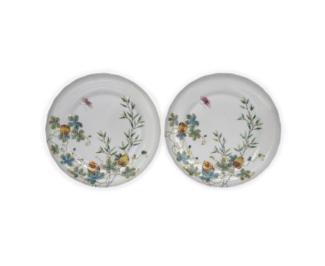 A pair of Chinese famille rose 'lychee and butterfly' saucersRepublic period, apocryphal six-character Daoguang seal marksEac