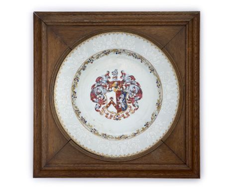 A large Chinese export famille rose 'Newland impaling Hutchinson’ serving dishQing dynasty, circa 1738The central coat-of-arm