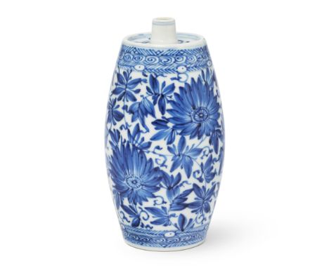 A Chinese blue and white ‘spirit’ bottleQing dynasty, Kangxi periodOf elongated barrel shape, with short straight spout risin